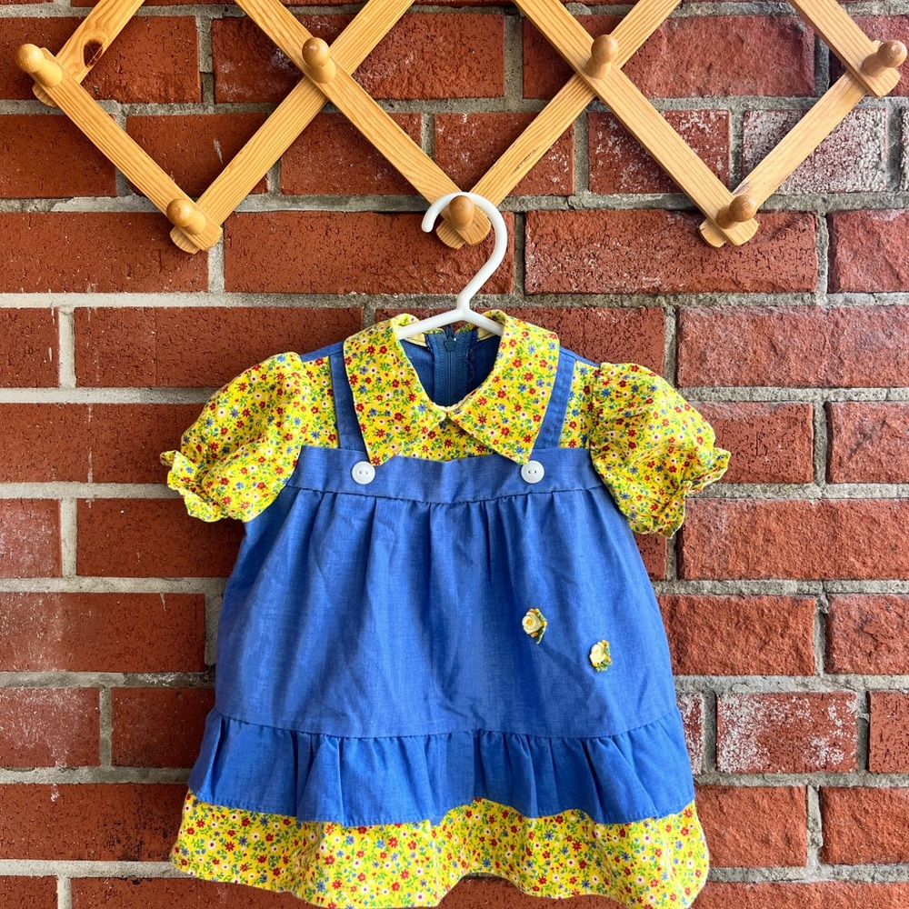 Vintage Handmade Baby Pinafore Dress by Tiny Tots Yellow with Florals and Built-